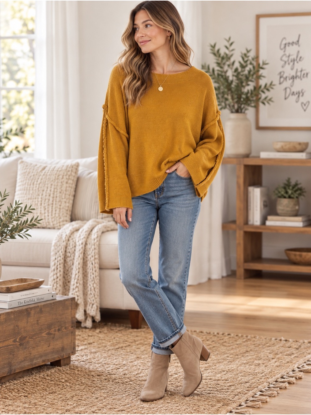 Zenana XL Mustard Yellow Oversized Exposed Seam Sweater Boho Slouchy Knit